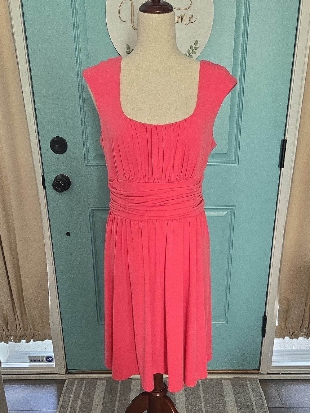 Boston Proper Coral-Pink Midi Dress with Ruched Waist. Size 12.